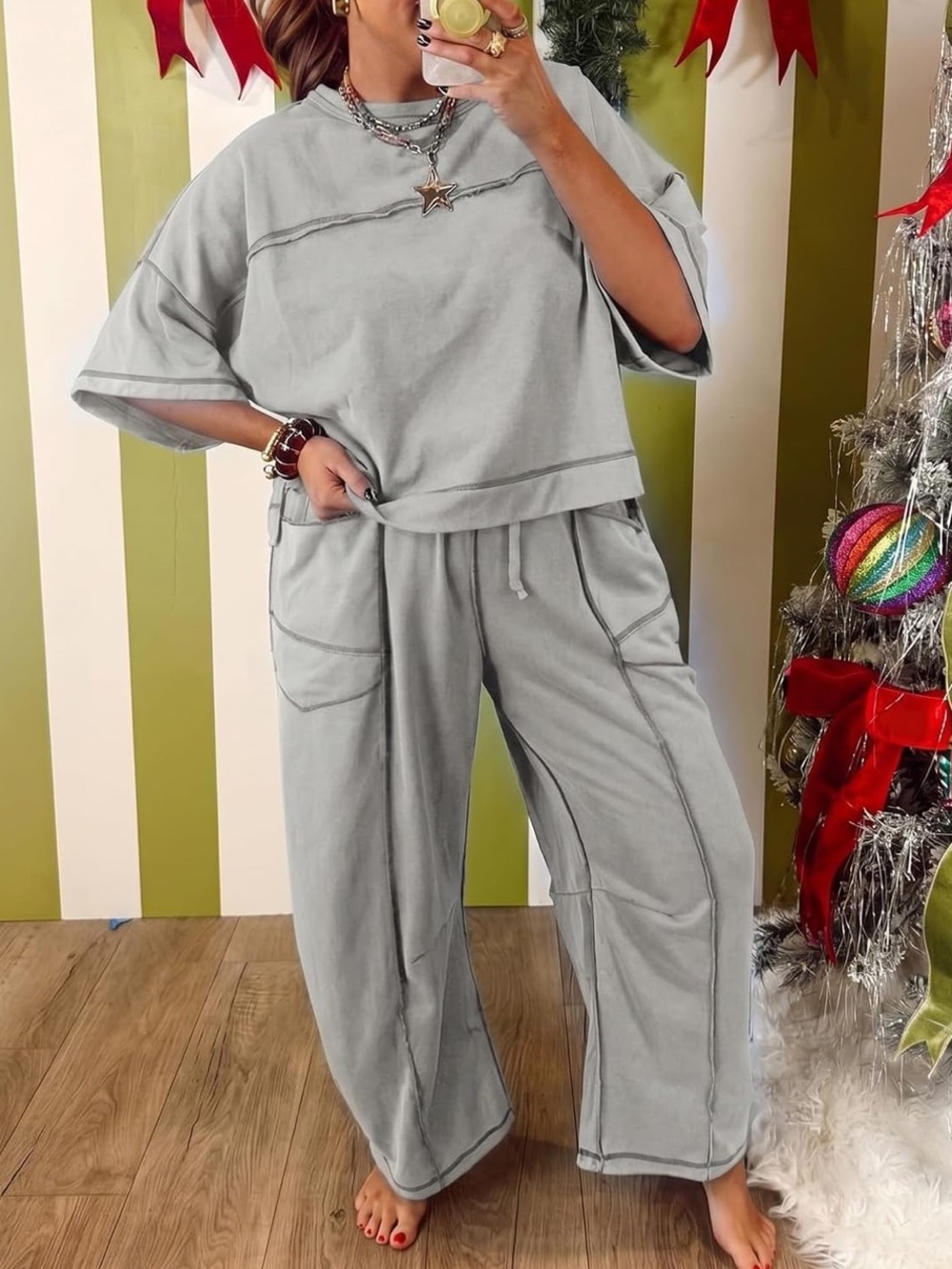 NWT Amazon 2 Piece Cropped Boxy Tee & Drawstring Wide Leg Pants Gray $52.99